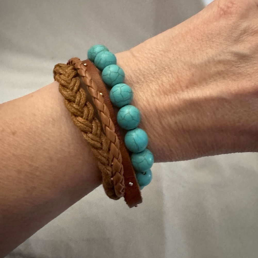 Turquoise Beaded & Brown Braided Bracelet Set – Boho Layered Jewelry